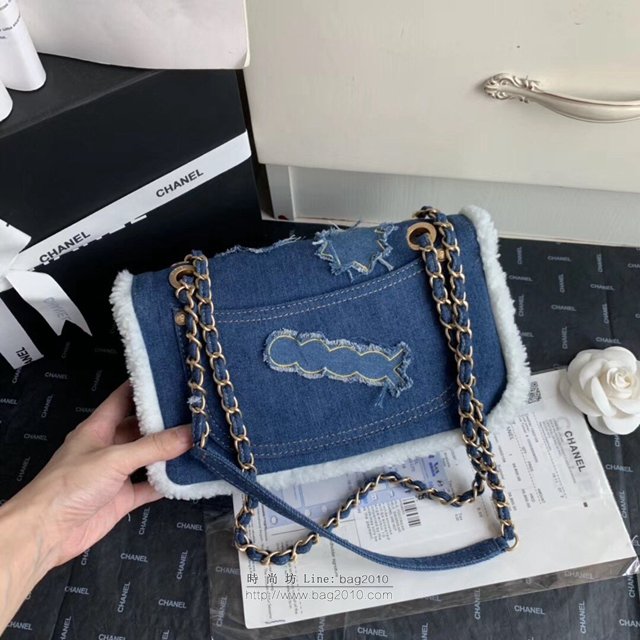 Chanel女包 深藍 香奈兒新品 Cf19新款 毛絨貼布圖案牛仔翻蓋 Chanel肩背包  djc2927